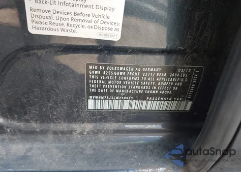 2012 Volkswagen Golf Tdi 4-Door from USA, damaged, VIN WVWNM7AJ3CW290603